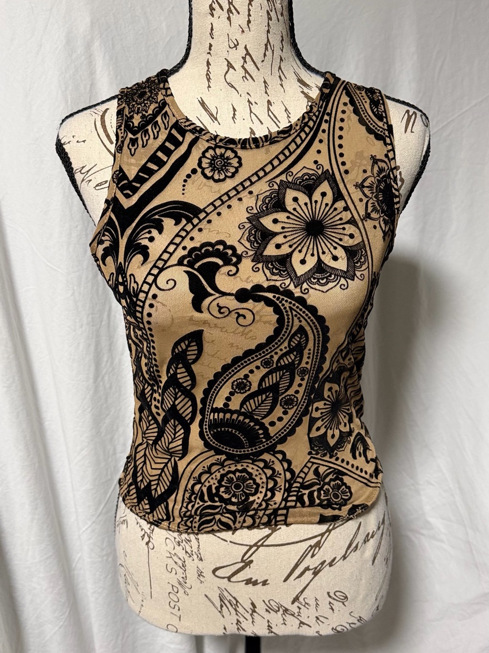 Joocy Babi Beige Black Paisley Mesh Sheer Tank Top Sleeveless Size S Small